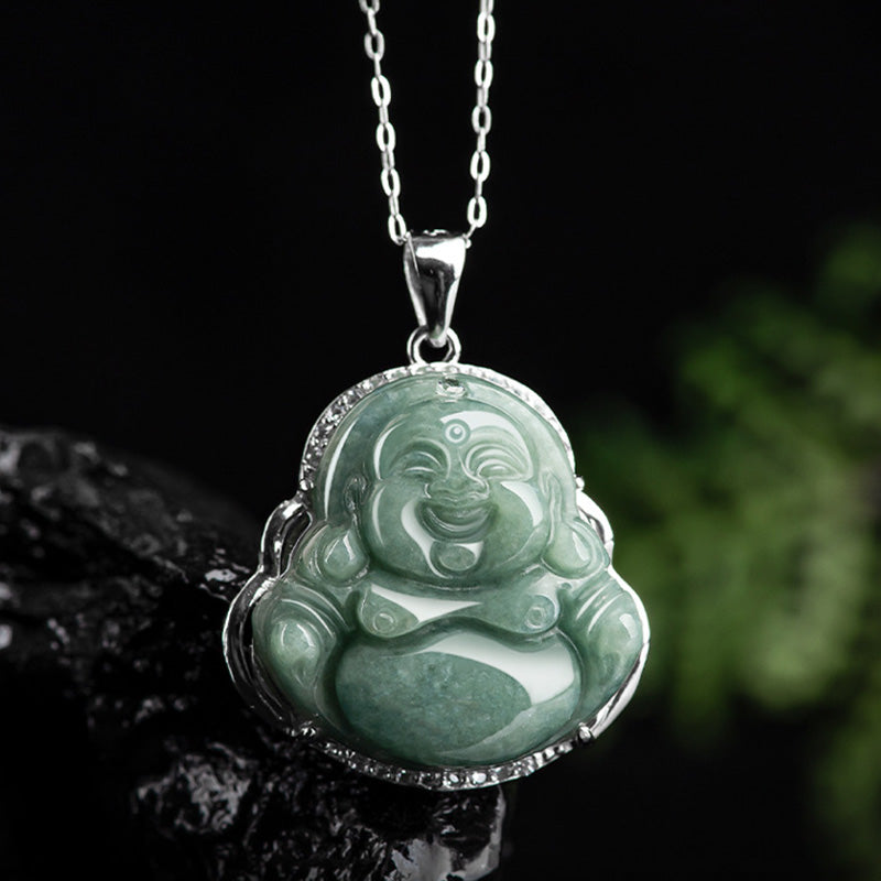 Collier Bouddha rieur en jade et pendentif en argent sterling 925