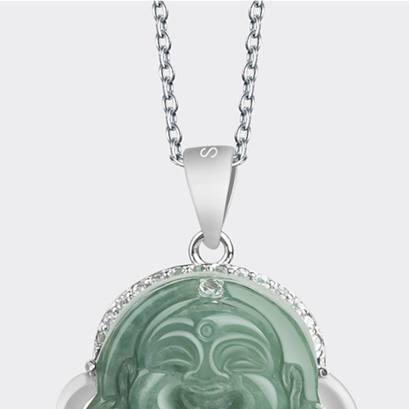 Collier Bouddha rieur en jade et pendentif en argent sterling 925