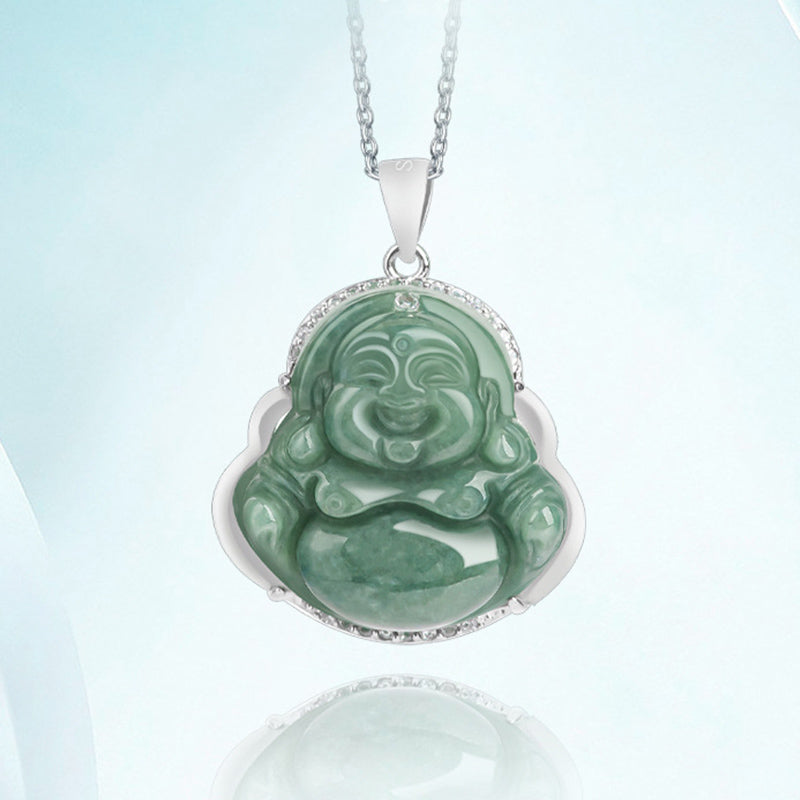 Collier Bouddha rieur en jade et pendentif en argent sterling 925
