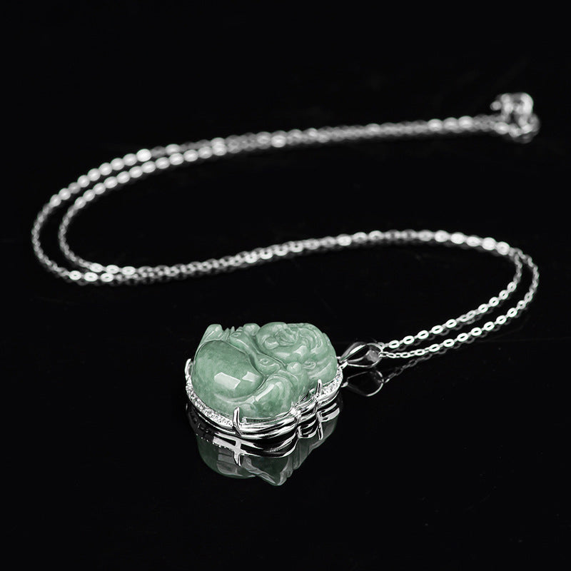 Collier Bouddha rieur en jade et pendentif en argent sterling 925