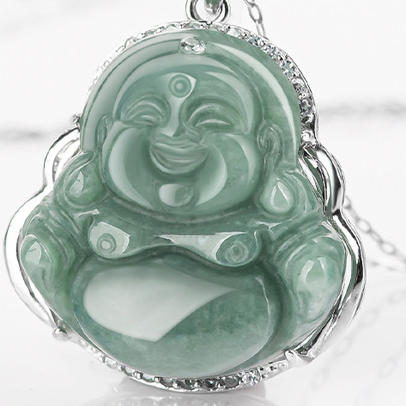Collier Bouddha rieur en jade et pendentif en argent sterling 925