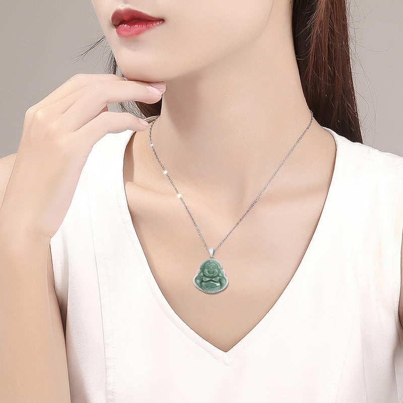 Collier Bouddha rieur en jade et pendentif en argent sterling 925