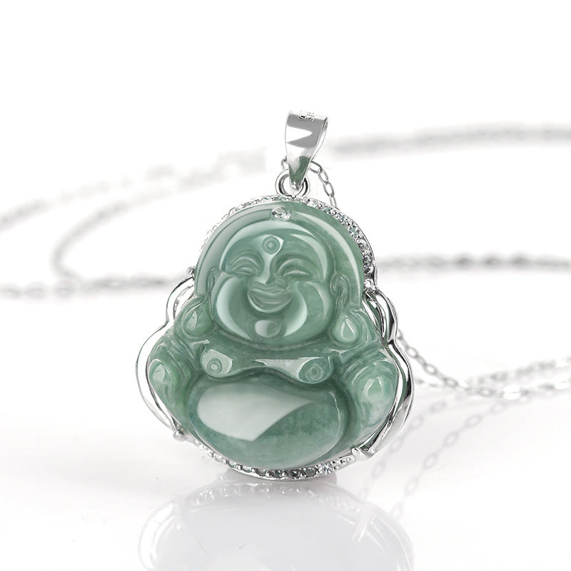 Collier Bouddha rieur en jade et pendentif en argent sterling 925