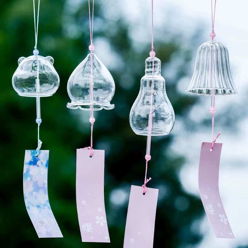 Japanese Glass Wind Chime featuring colorful paper tags and delicate hanging strings