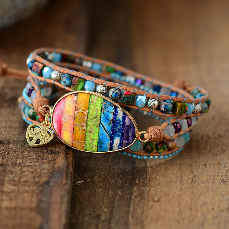 Bracelet en cuir avec jaspe et énergie des chakras