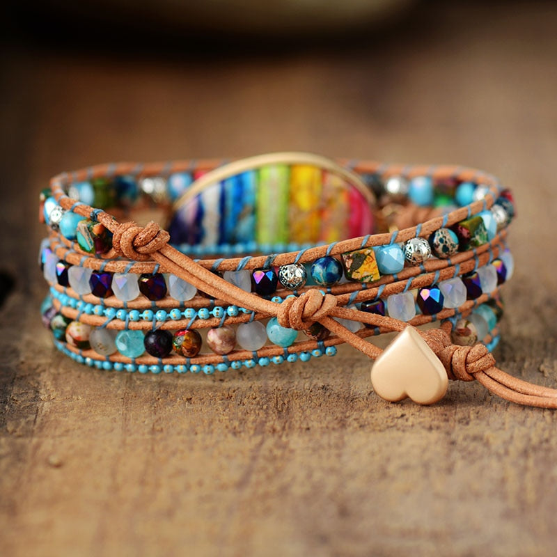 Bracelet en cuir avec jaspe et énergie des chakras