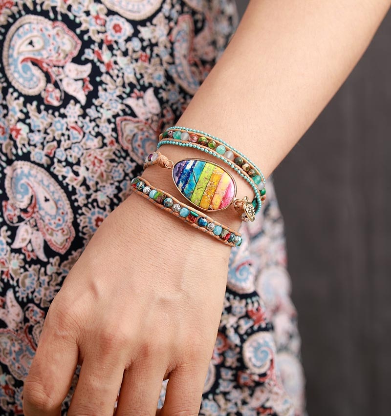 Bracelet en cuir avec jaspe et énergie des chakras