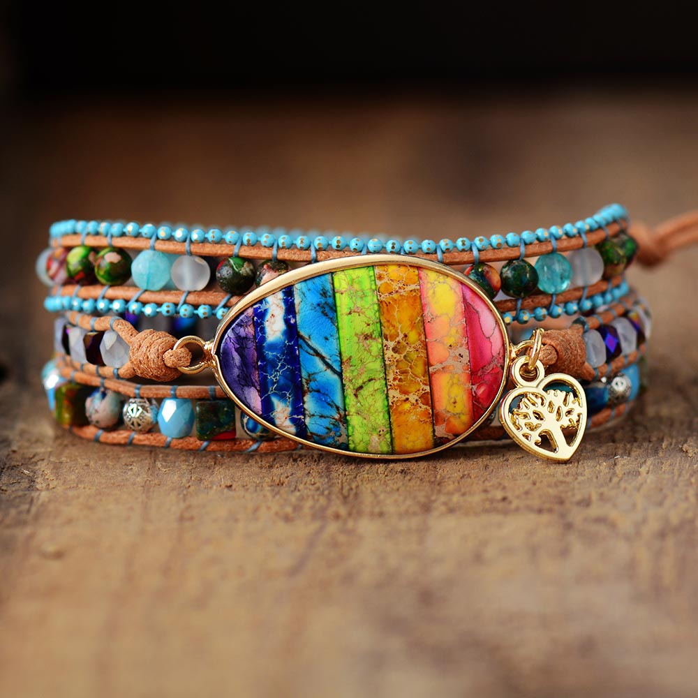 Bracelet en cuir avec jaspe et énergie des chakras