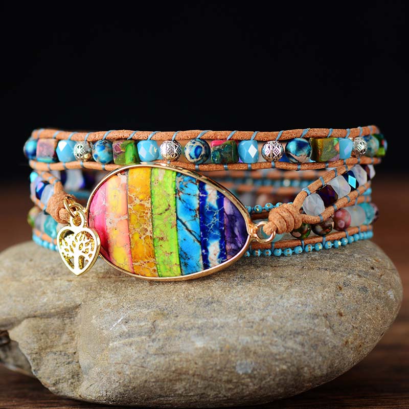 Bracelet en cuir avec jaspe et énergie des chakras