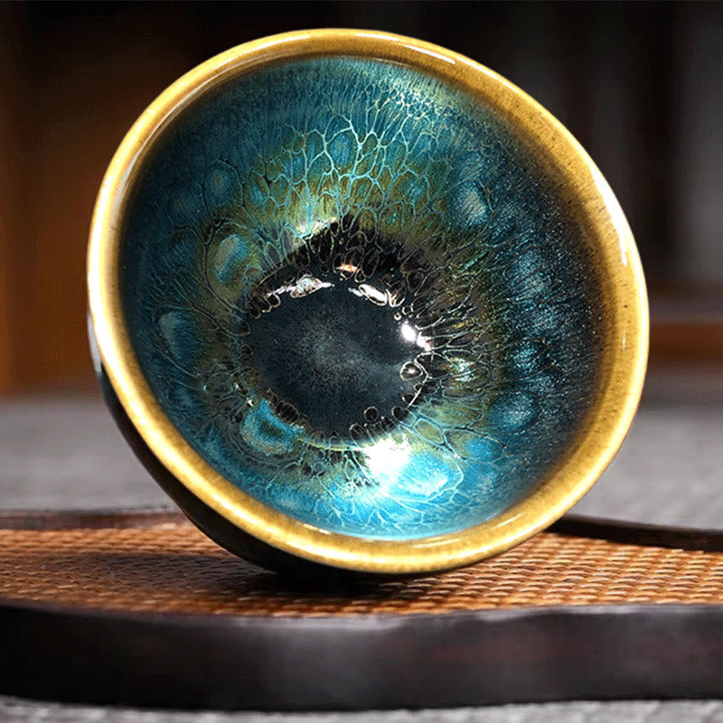 Tasse à thé en céramique Jianzhan 9,5 cm émaillée bleue faite à la main