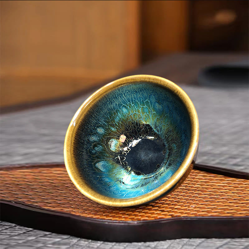 Tasse à thé en céramique Jianzhan 9,5 cm émaillée bleue faite à la main