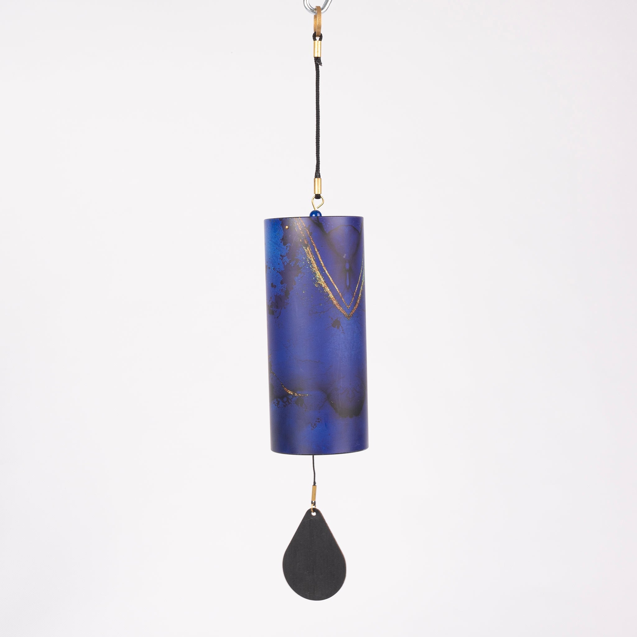 Blue cylindrical Kayu Wind Chime with black teardrop pendant for meditation and sound healing