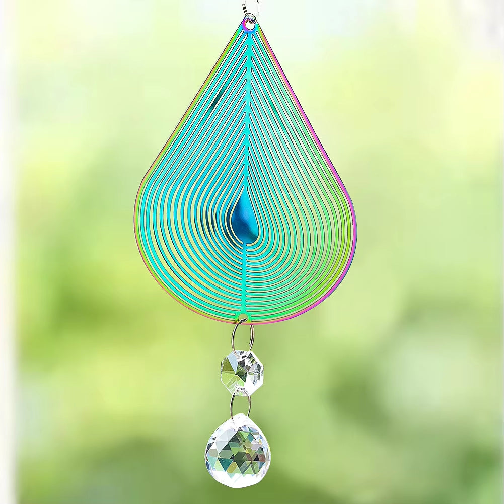 Turquoise teardrop wind spinner featuring a crystal prism pendant for gardens