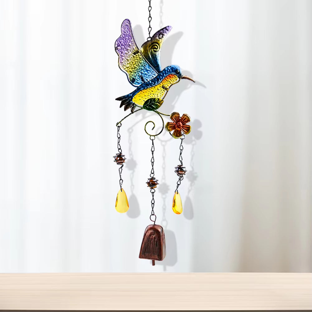 Colorful Hummingbird Wind Chime with Bells and Crystals for Kinetic Metal Decor