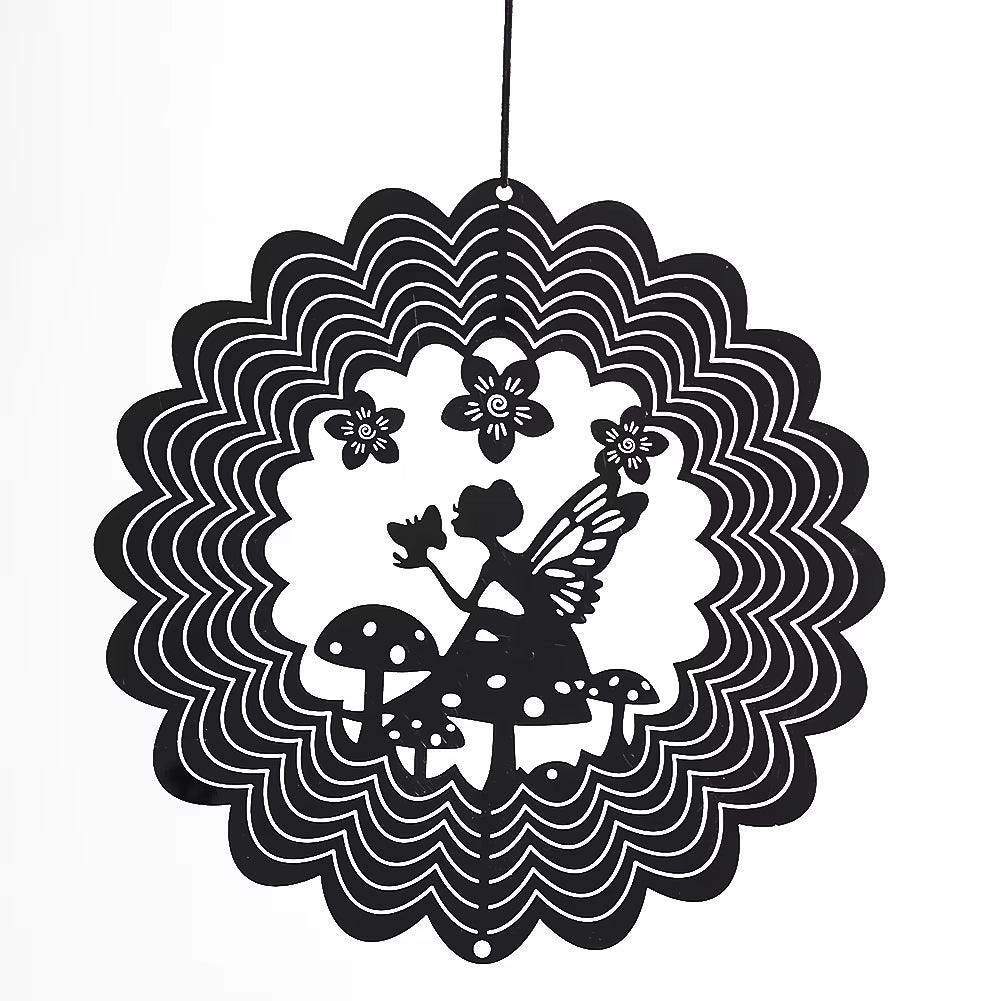 Black silhouette wind spinner featuring fairy on mushrooms, flowers, and butterflies