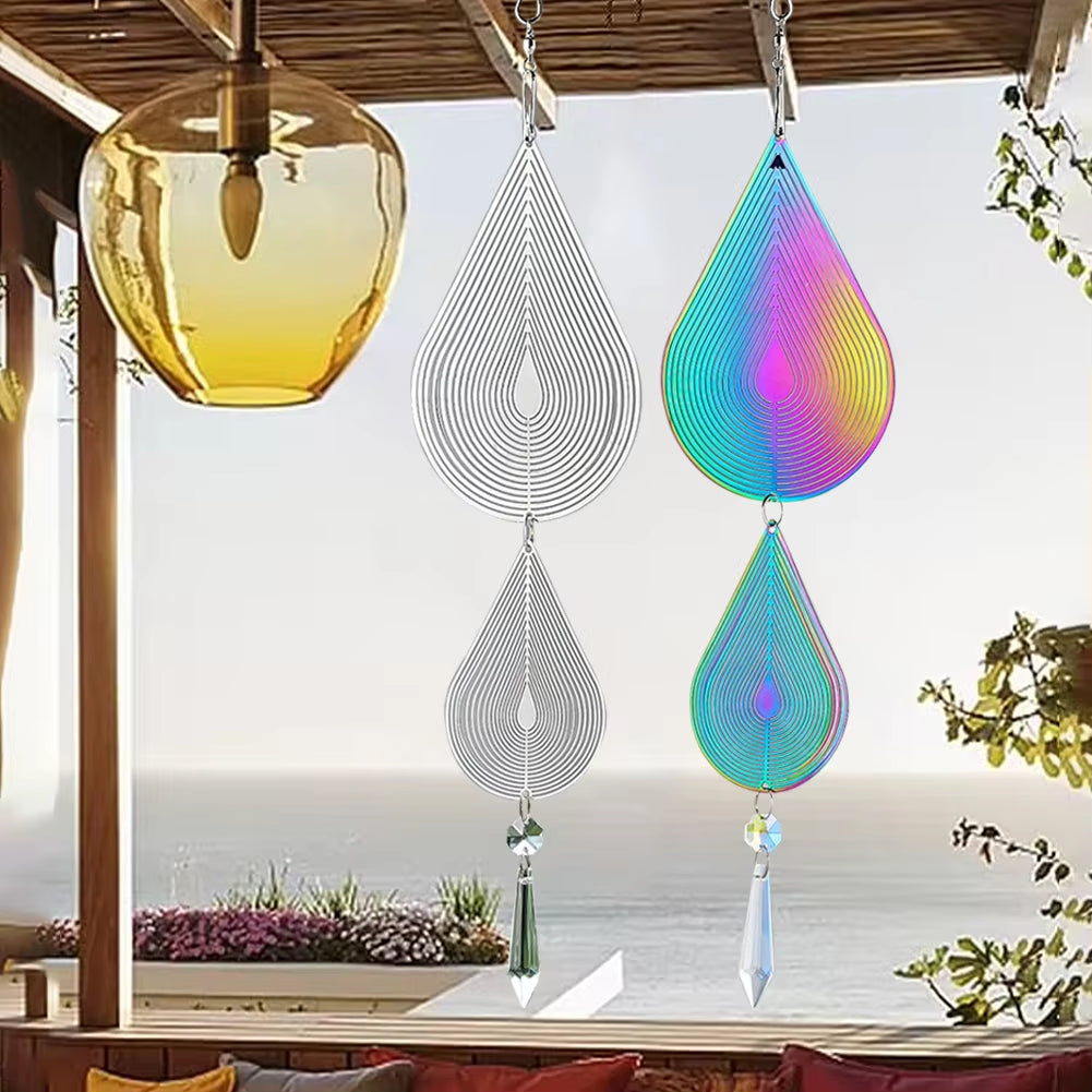 Decorative metallic water drop wind spinners in iridescent colors for yard decor