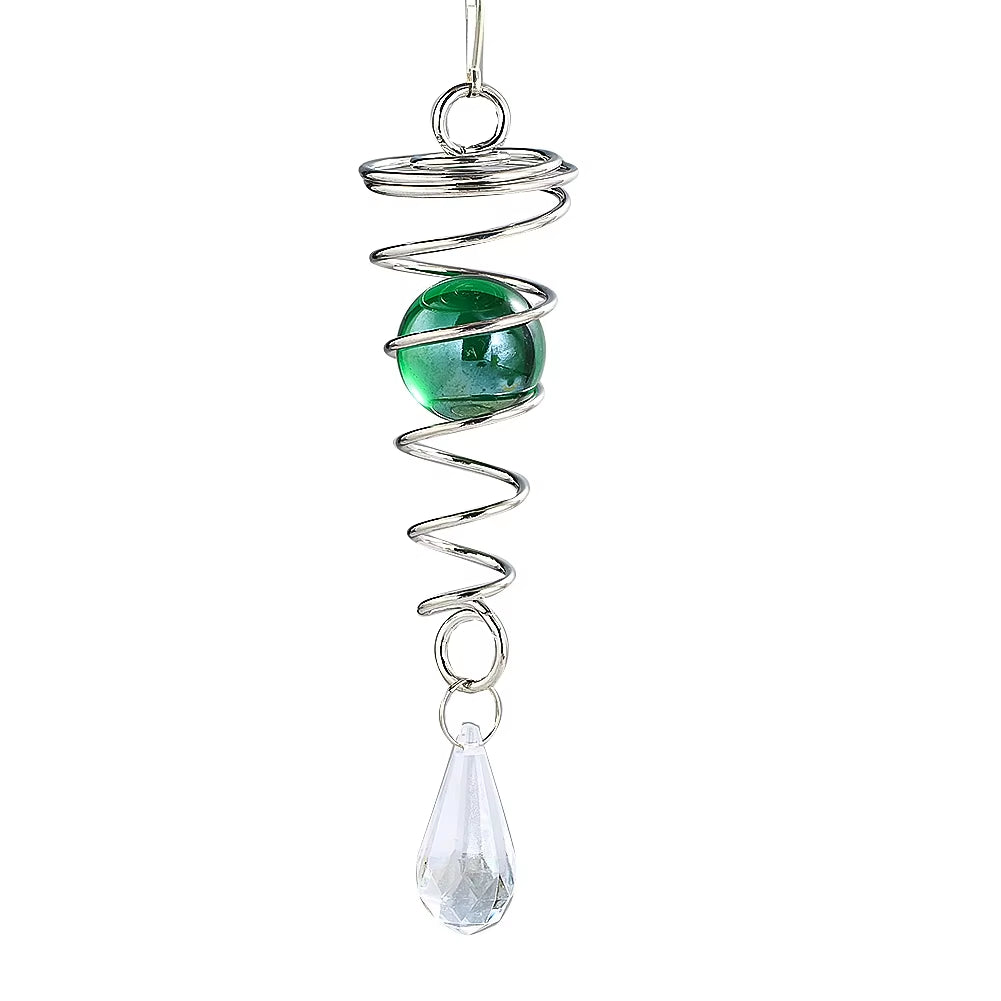 Spiral metal ornament with green glass ball and crystal teardrop for Kinetic Metal Yin Yang Garden Wind Spinner