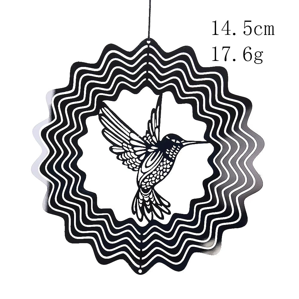 Kinetic Stainless Steel Garden Wind Spinner with hummingbird design in wavy rings