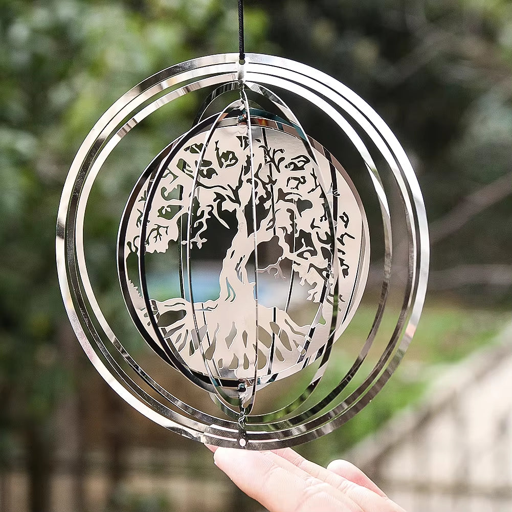 Kinetic Stainless Steel Garden Wind Spinner with Tree of Life design in concentric rings