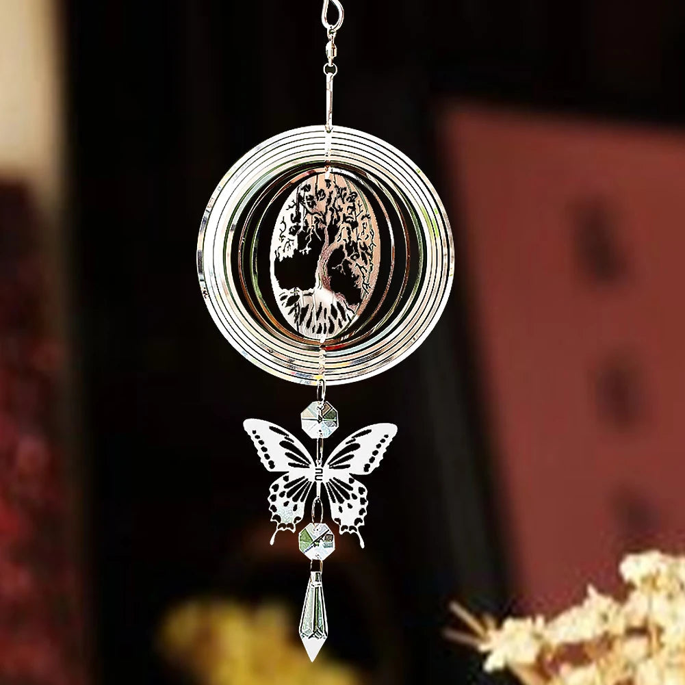 Metal wind spinner with Tree of Life design and butterfly pendant for outdoor decor