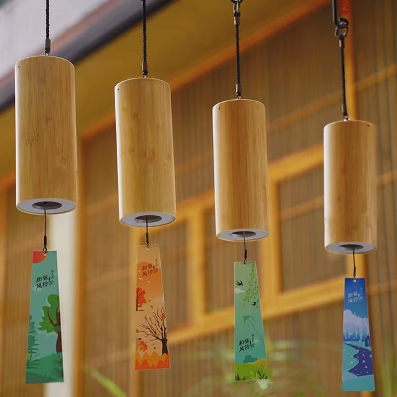 Koshi Bamboo Wind Chimes featuring colorful decorative tags and natural bamboo design