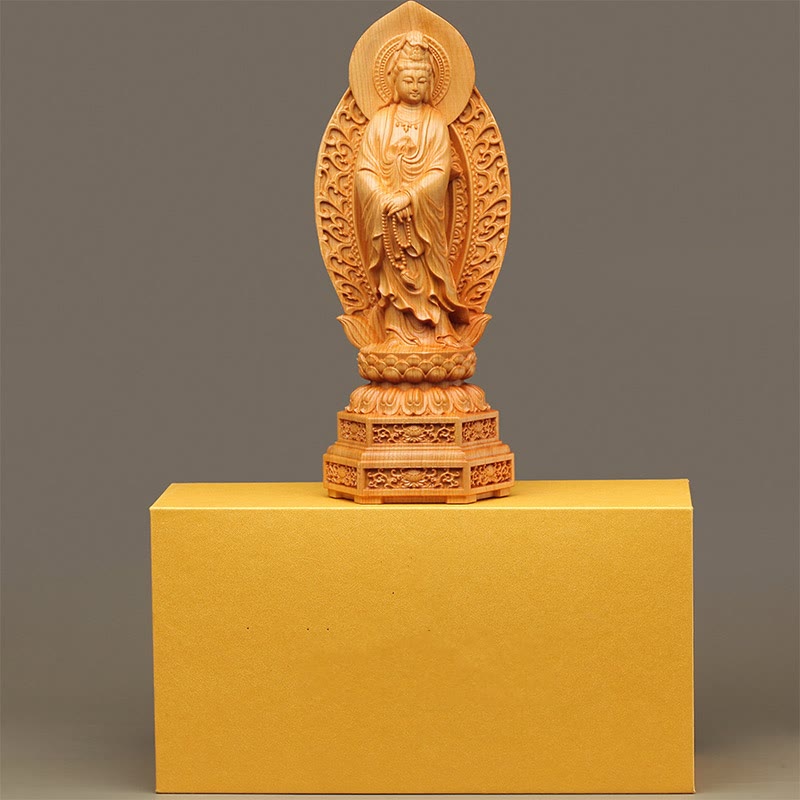 Statue en bois de Kwan Yin | Thuja Sutchuenensis 20,5 cm Décor de prospérité
