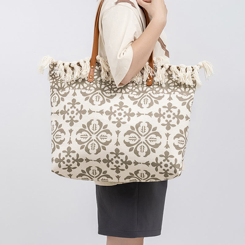 Grand sac fourre-tout en toile avec pompons géométriques bohèmes 50 cm