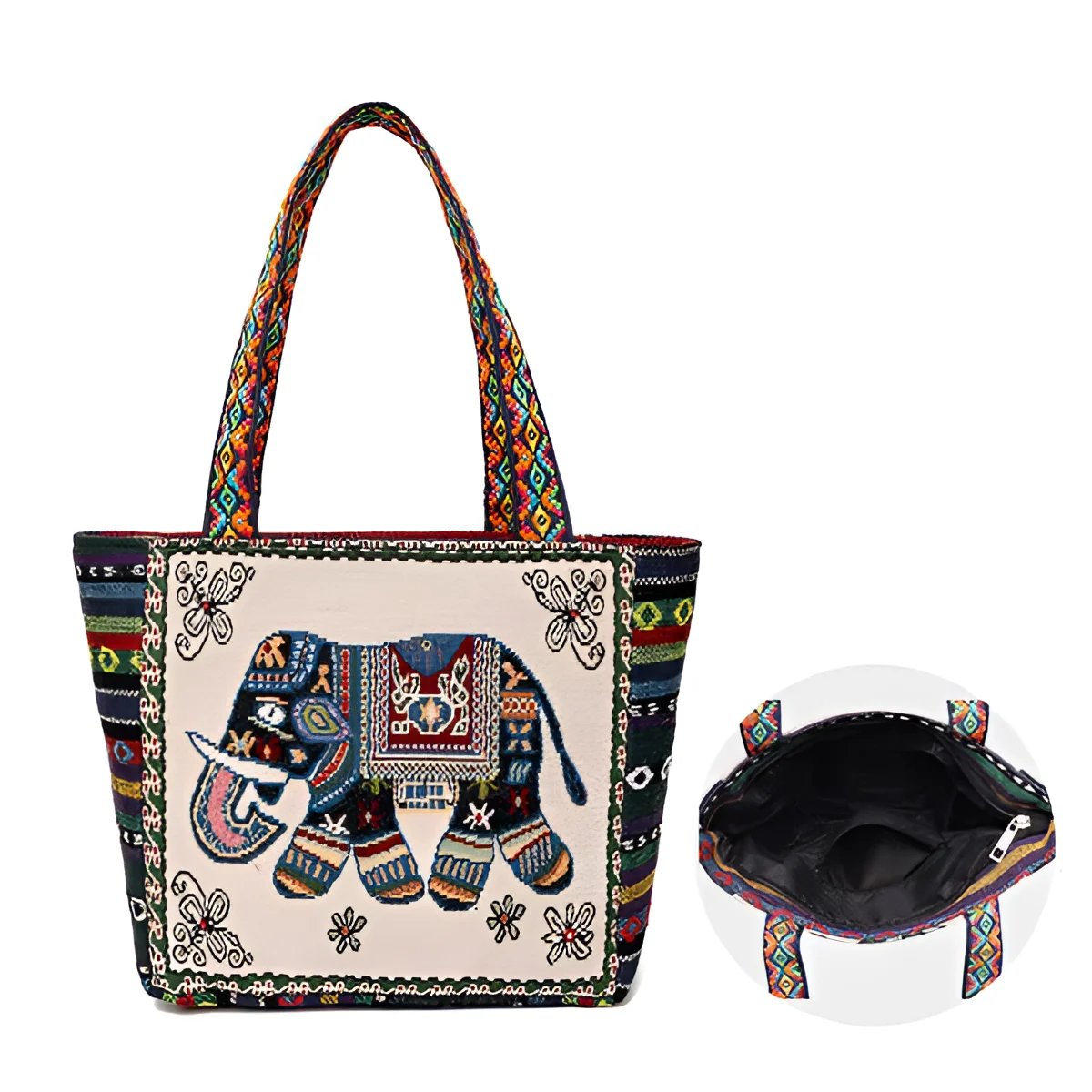 Grand sac fourre-tout en toile avec broderie éléphant et papillon - Charme spirituel