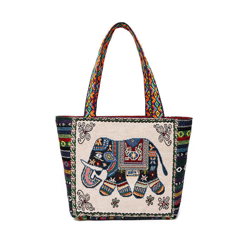 Grand sac fourre-tout en toile avec broderie éléphant et papillon - Charme spirituel