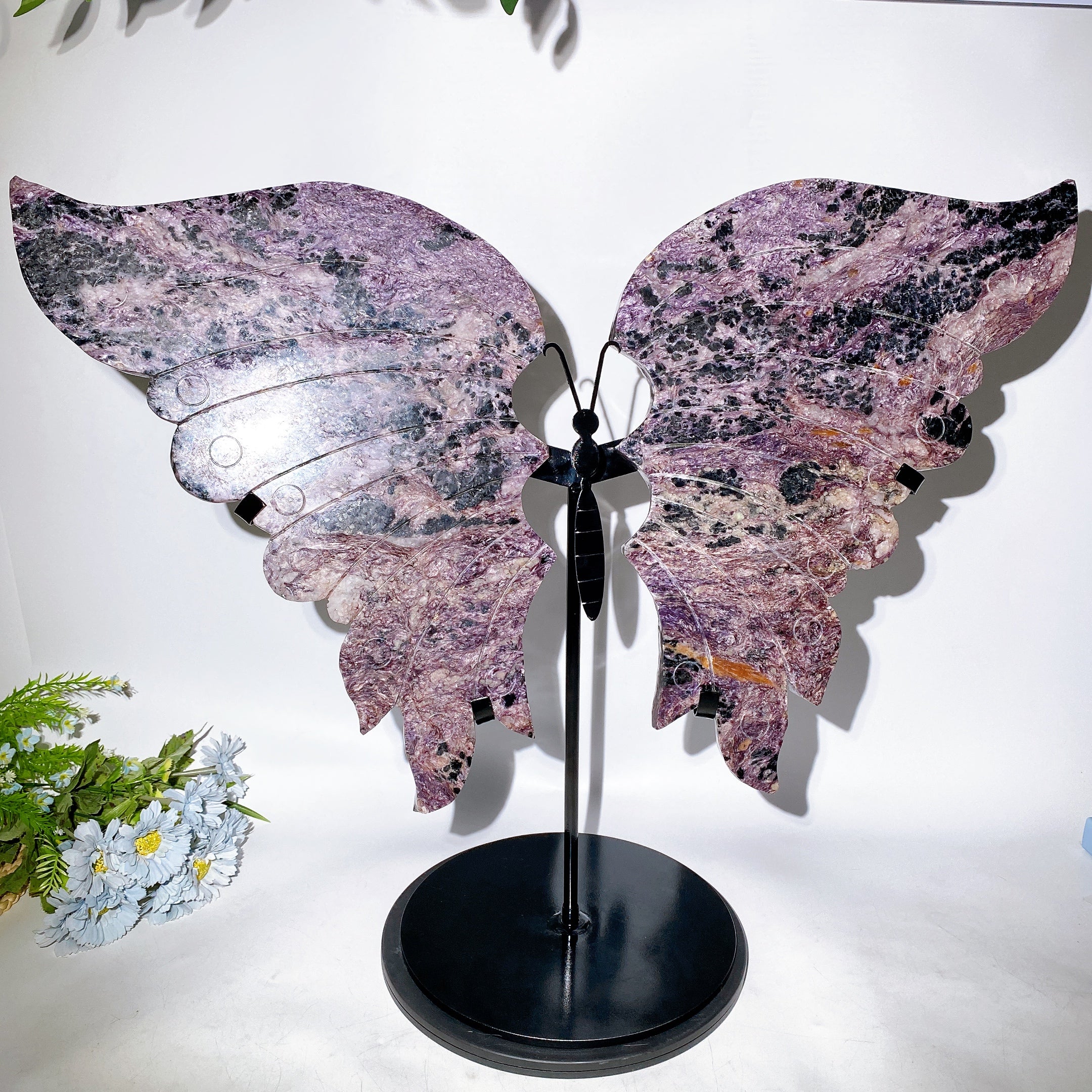 Large Charoite & Calcite Butterfly Wings Crystal Figurine on Stand