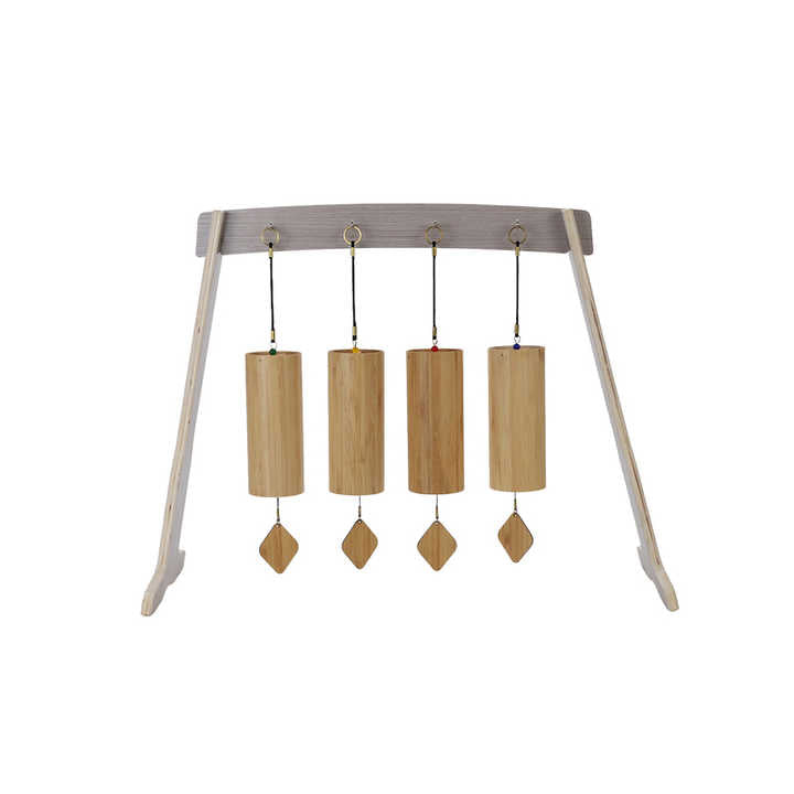 Four wooden chimes hanging from a metal stand for the Large Stand for Melody Chimes