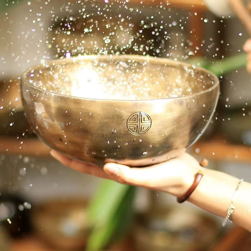 Metallic Large Tibetan Singing Bowl with engraved symbol and floating glitter particles