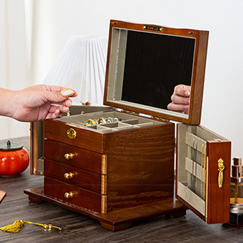 Grande boîte à bijoux vintage en bois avec miroir | Sons de guérison