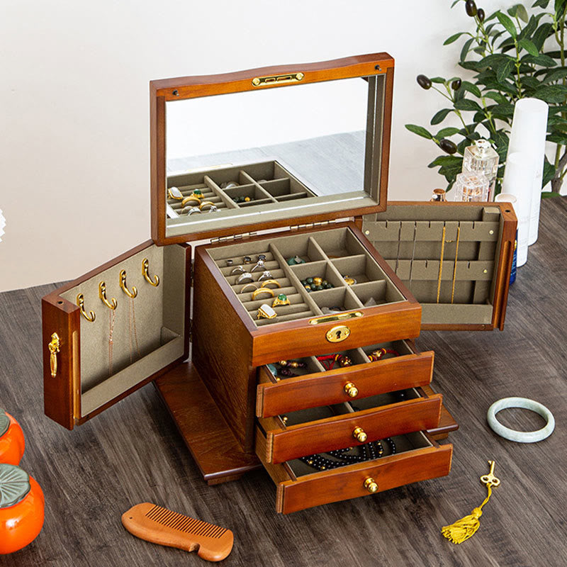Grande boîte à bijoux vintage en bois avec miroir | Sons de guérison
