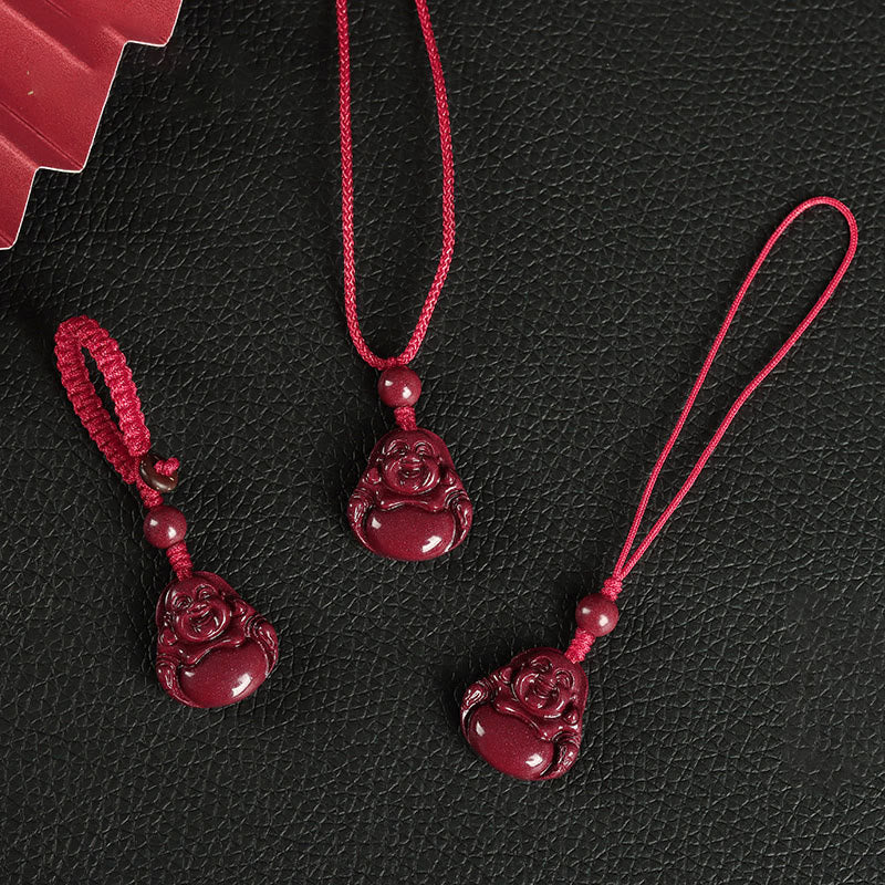Collier pendentif Bouddha rieur en cinabre avec breloque de bénédiction
