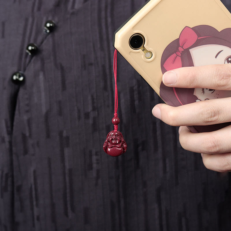 Collier pendentif Bouddha rieur en cinabre avec breloque de bénédiction