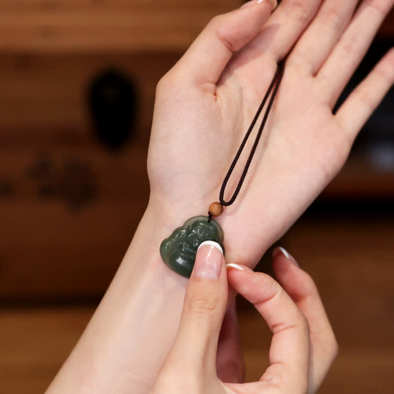 Collier de guérison en jade Hetian Bouddha rieur, pendentif de 70 cm