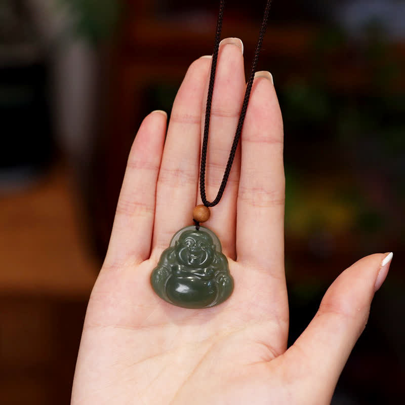 Collier de guérison en jade Hetian Bouddha rieur, pendentif de 70 cm