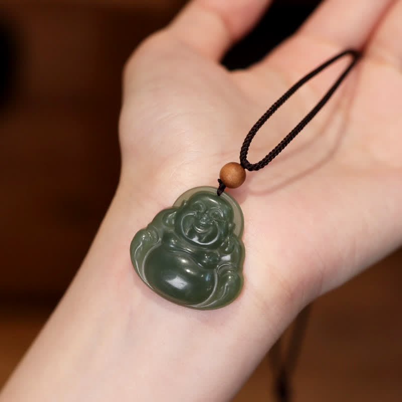 Collier de guérison en jade Hetian Bouddha rieur, pendentif de 70 cm
