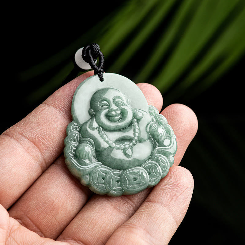 Collier pendentif Bouddha rieur en jade naturel Abondance