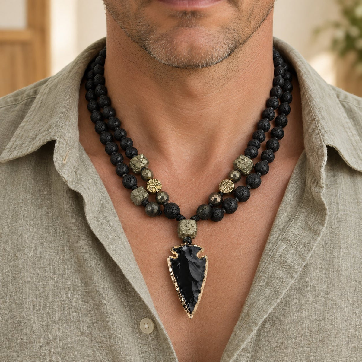 Lava Rock Spiritual Necklace 40cm for Meditation and Calm, worn on the neck by a man