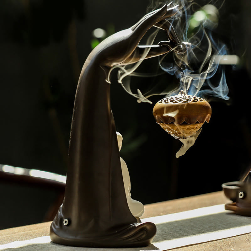 Fontaine à fumée à refoulement LED en forme de main de Bouddha, brûleur d'encens en céramique