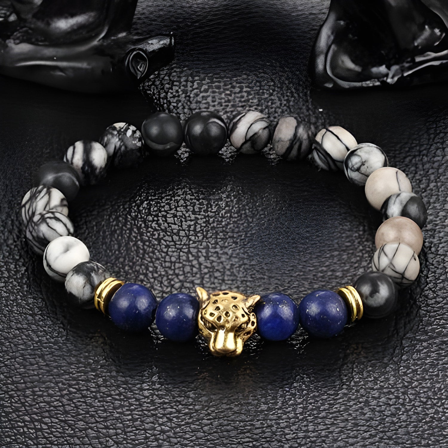 Bracelet de perles en pierre naturelle avec breloque léopard 