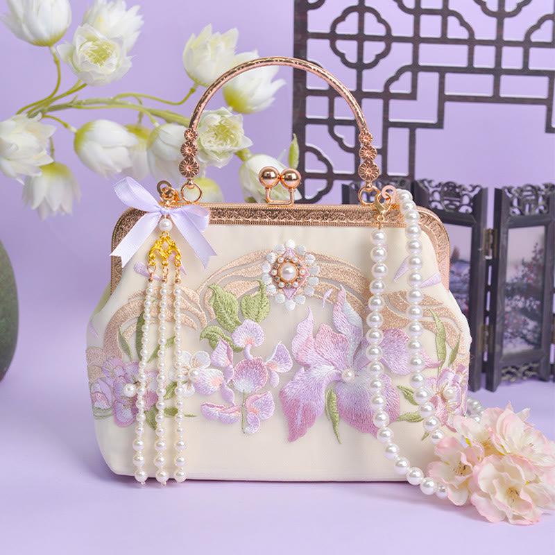 Sac à pompons brodé de fleurs violet clair pour l'énergie spirituelle