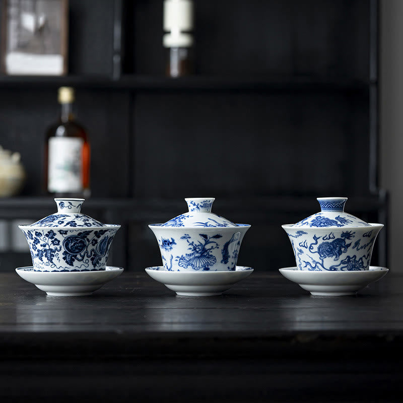 Tasse à thé Gaiwan en céramique Lion Dance 300 ml avec couvercle et soucoupe