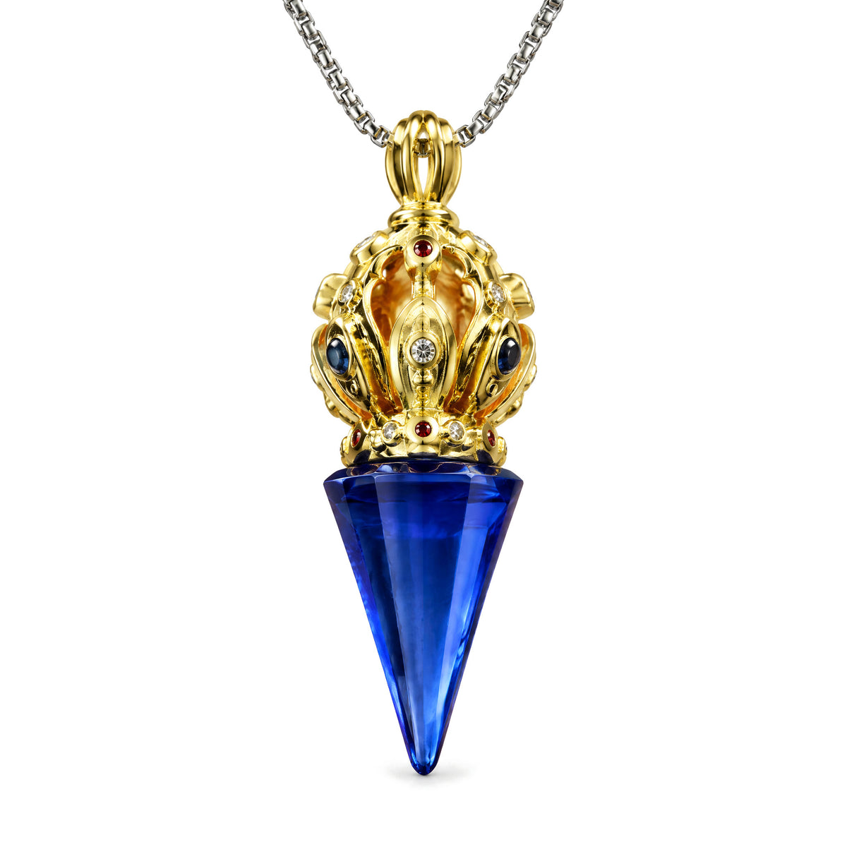 Liuli Crystal Dorje Vajra Spiritual Strength Necklace, Blue Dorje, on a white background