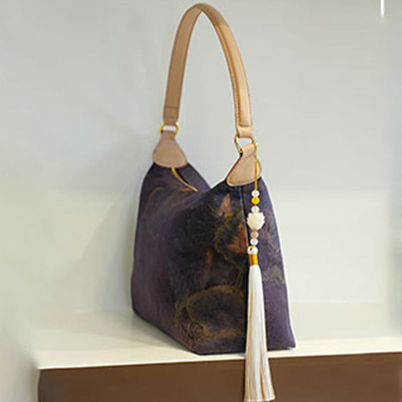 Sac bandoulière en soie Lotus Bamboo Crane Deer 26 cm