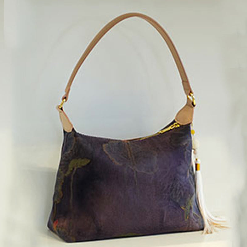 Sac bandoulière en soie Lotus Bamboo Crane Deer 26 cm
