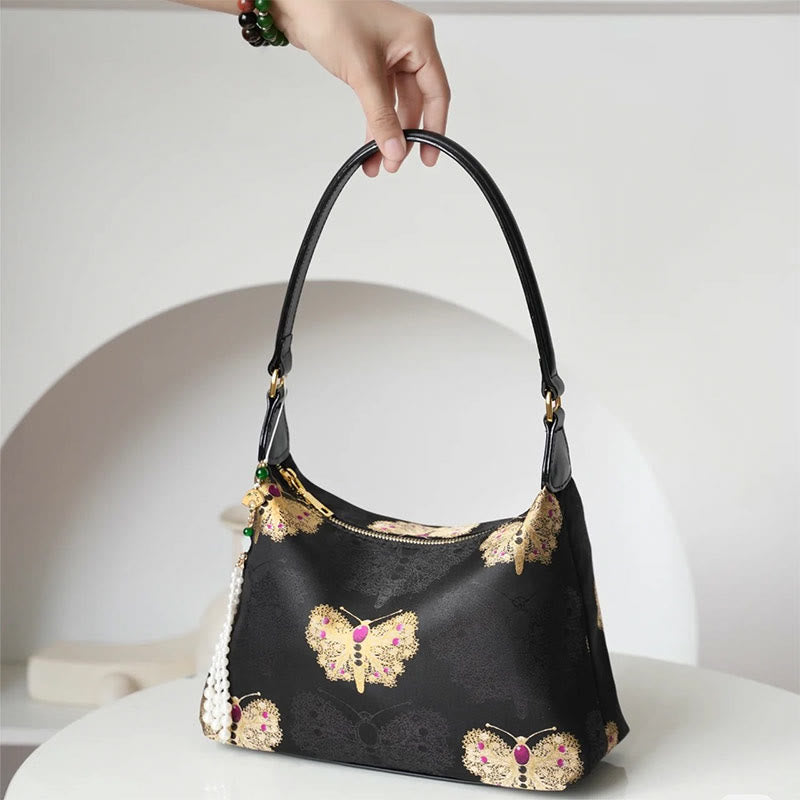 Sac bandoulière en soie Lotus Bamboo Crane Deer 26 cm