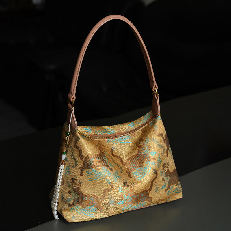 Sac bandoulière en soie Lotus Bamboo Crane Deer 26 cm